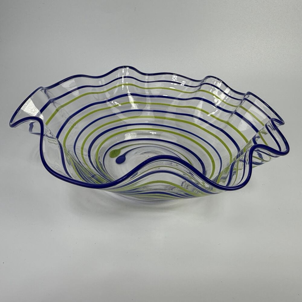 Blue Green Stripe Swirl Blown Art Glass Fluted Bowl 2.5 x 7.5" Ruffle